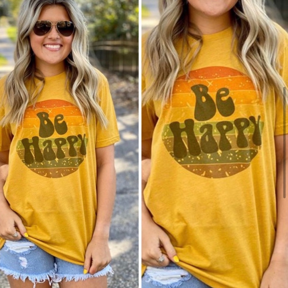 New! “Be Happy “Mustard vintage Heather Tee - Picture 6 of 7